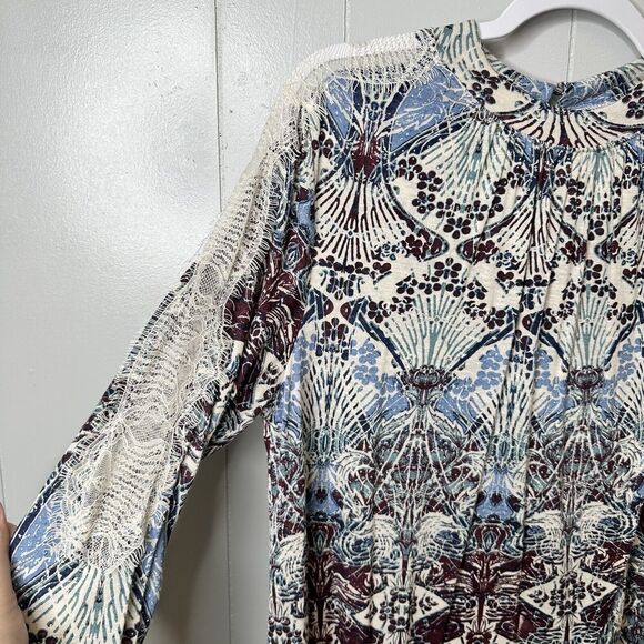 Free People Size Large Nouveau Blouse Blue Boho Top Keyhole Back Lace Faux Wrap - Picture 6 of 16